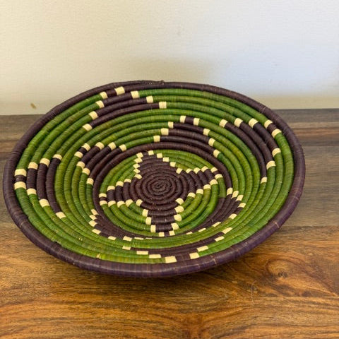 Colorful bukedo and raffia wall basket bowl handmade in Uganda under fair trade standards