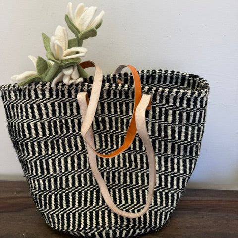 Classic black and white sisal market tote bag artisan made in Kenya for everyday use.