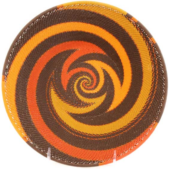 Handwoven Clay Red and Orange Zulu Wire Small Shallow Baskets from South Africa in a colorful and intricate artisan pattern.