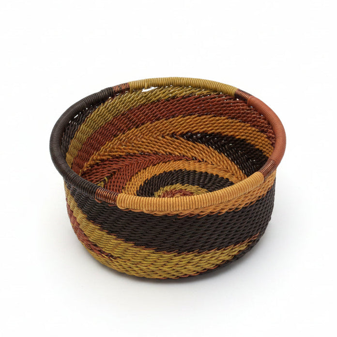 Handwoven Zulu Wire Tuna Cup Baskets in Clay from South Africa in a variety of colorful and neutral artisan patterns.