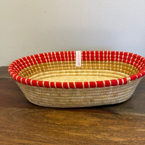Red cloth wrapped woven bread basket bowl fair trade handmade serving and table decor