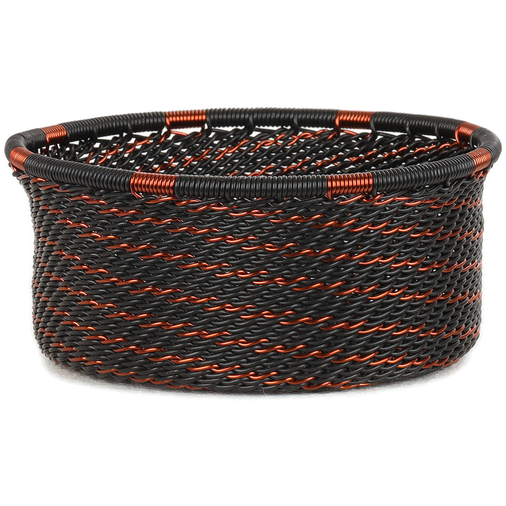 Handwoven Zulu Wire Tuna Cup Baskets in Copper and Black from South Africa in a variety of colorful and neutral artisan patterns.