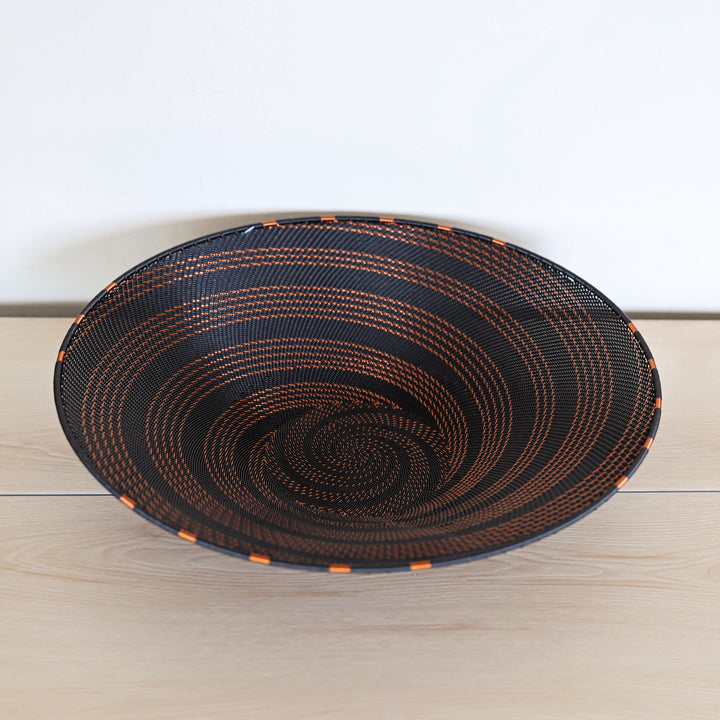 Extra large shallow Copper and Black Zulu wire bowl handwoven by skilled artisans in South Africa.