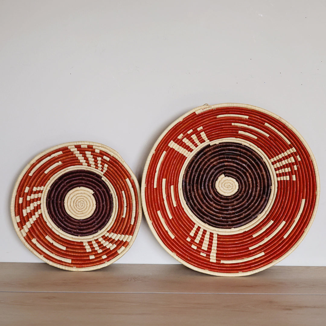 Handwoven Copper Horizon Bukedo and Raffia bowl handmade in Uganda featuring warm copper, chocolate, and natural woven rings for fair trade home décor.