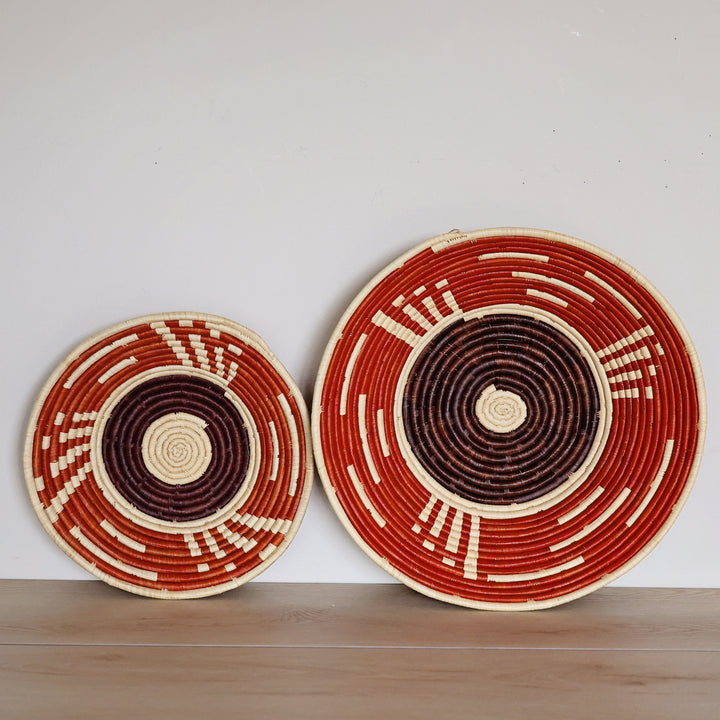 Handwoven Copper Horizon Bukedo and Raffia bowl handmade in Uganda featuring warm copper, chocolate, and natural woven rings for fair trade home décor.
