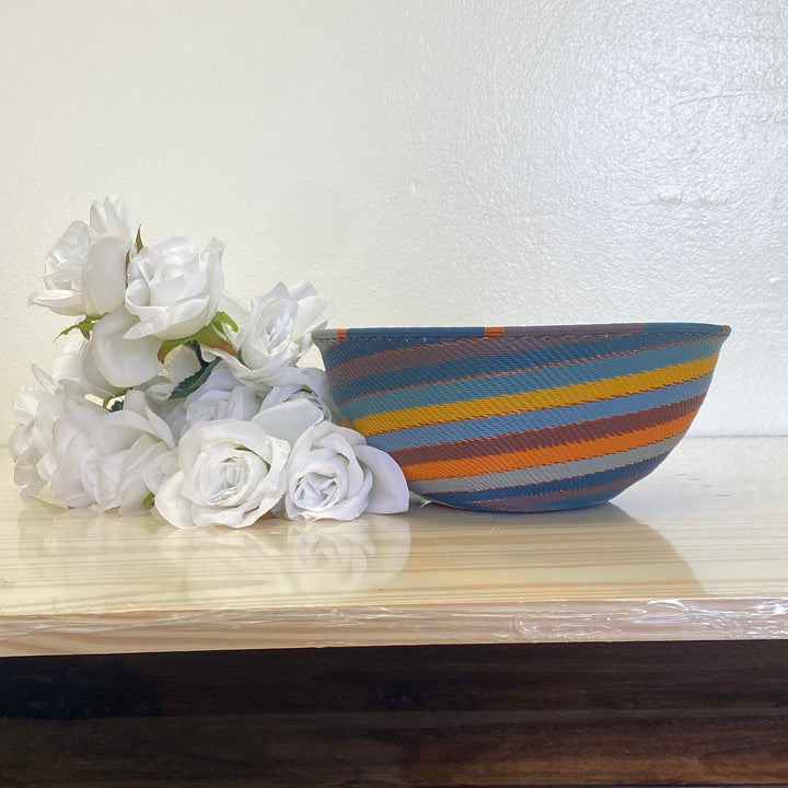 Cove Zulu Wire Extra Large Bowl  handwoven in South Africa with intricate woven patterns in layered coastal and earthy tones.