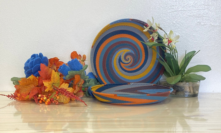 Cove Zulu Wire large tray handwoven in South Africa with intricate woven patterns in layered coastal and earthy tones.