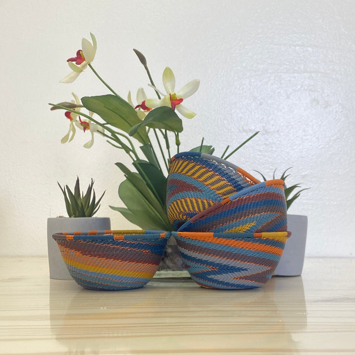 Cove Zulu Wire Small Bowls handwoven in South Africa with intricate woven patterns in layered coastal and earthy tones.