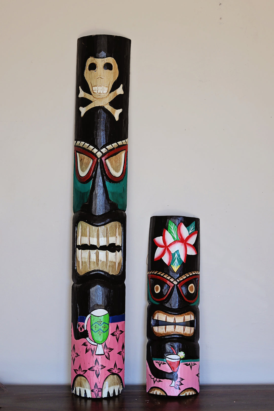Fair trade bamboo tiki masks in small and large, handmade by artisans in Indonesia