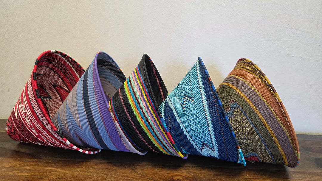 Deep Zulu wire bowl with colorful geometric woven design handcrafted by artisans