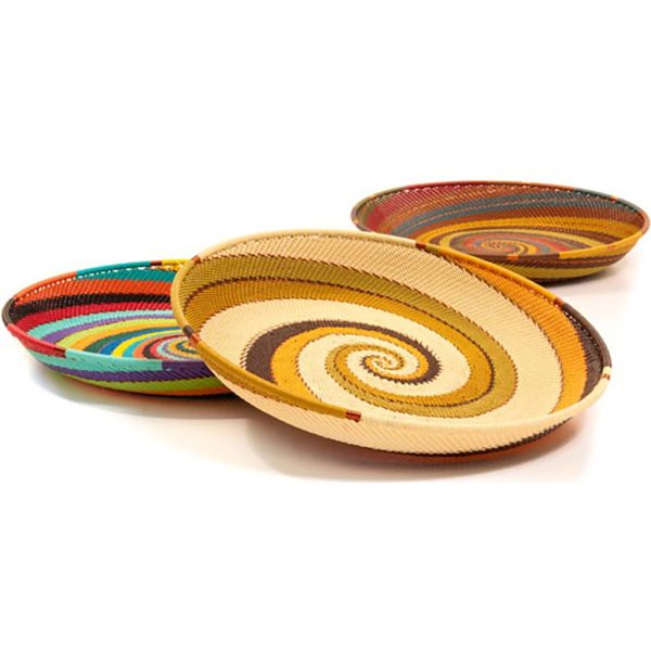Desert Zulu Large Tray handwoven in South Africa with ivory, rust, brown, and warm neutral tones in a flowing spiral pattern.