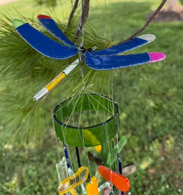 Large Dragonfly Recycled Glass Wind Chime handcrafted in Kenya using recycled glass.