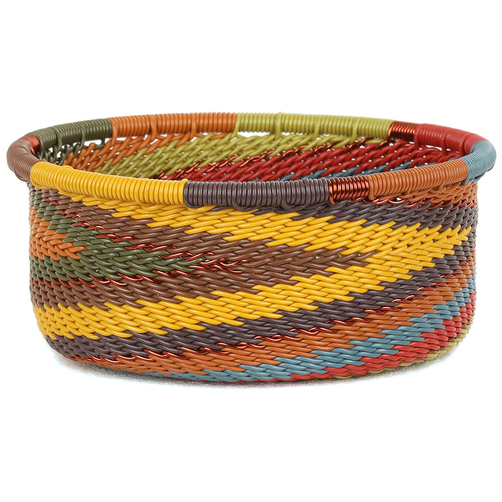 Handwoven Zulu Wire Tuna Cup Baskets in Earthy Rainbow from South Africa in a variety of colorful and neutral artisan patterns.