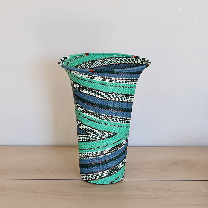 Emerald Zulu Flared Top Vase handwoven in South Africa with emerald and soft mint diagonal stripes.