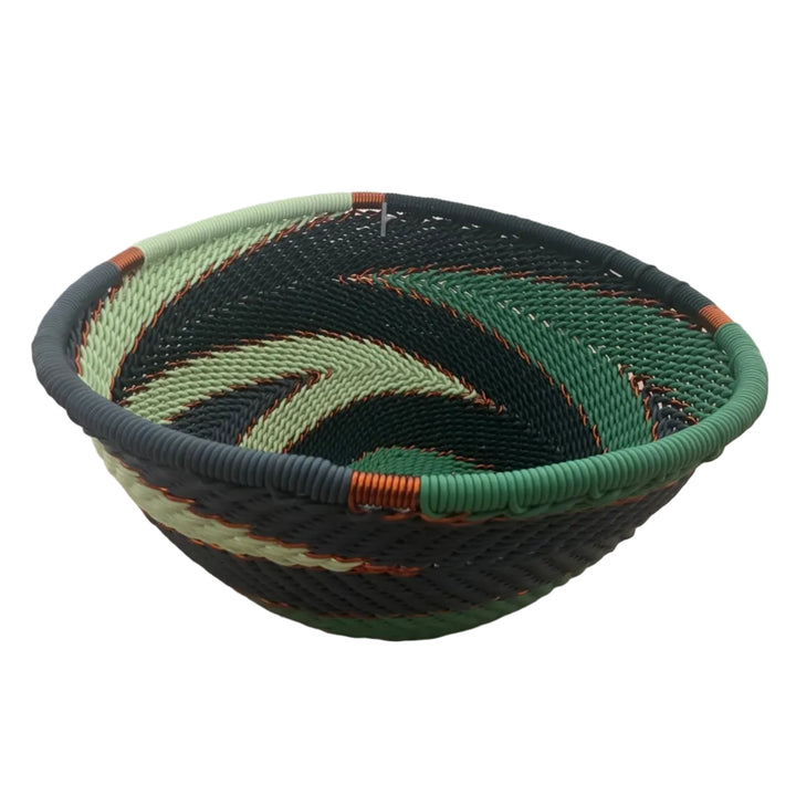 Handwoven Emerald Zulu Wire Small Triangle Bowls from South Africa in a variety of colorful and intricate artisan patterns.
