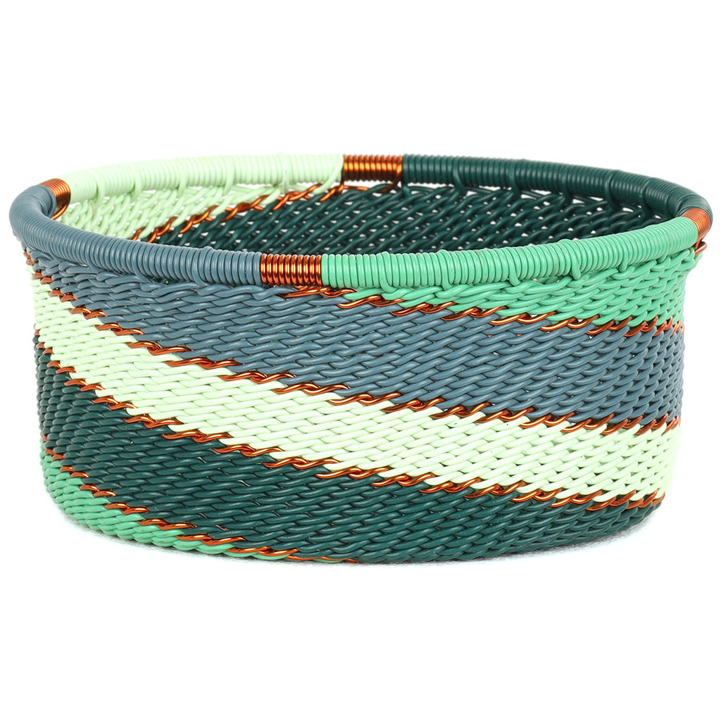 Handwoven Zulu Wire Tuna Cup Baskets in Emerald from South Africa in a variety of colorful and neutral artisan patterns.