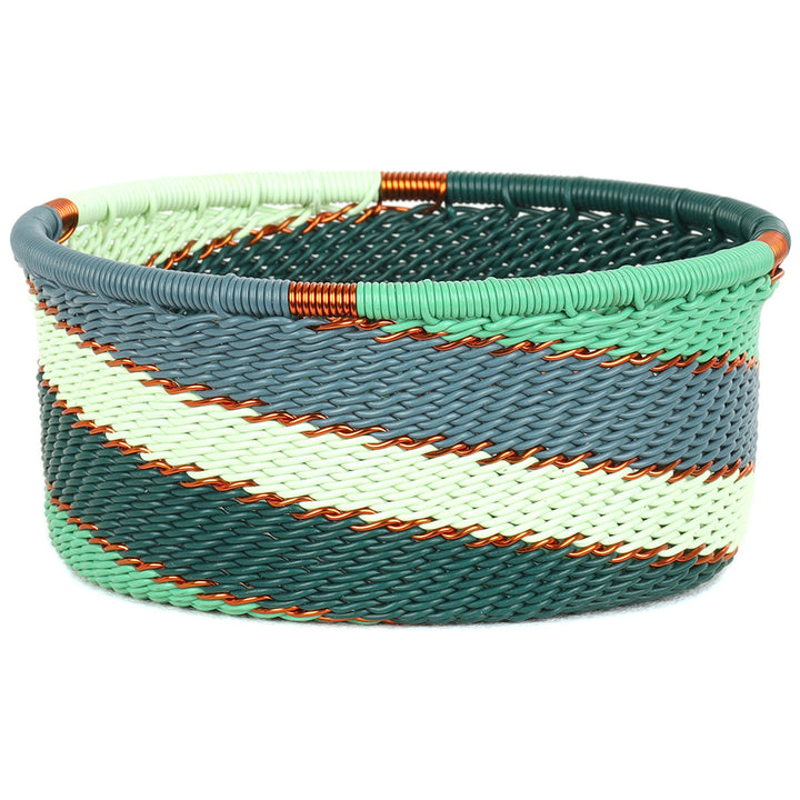 Handwoven Zulu Wire Tuna Cup Baskets in Emerald from South Africa in a variety of colorful and neutral artisan patterns.