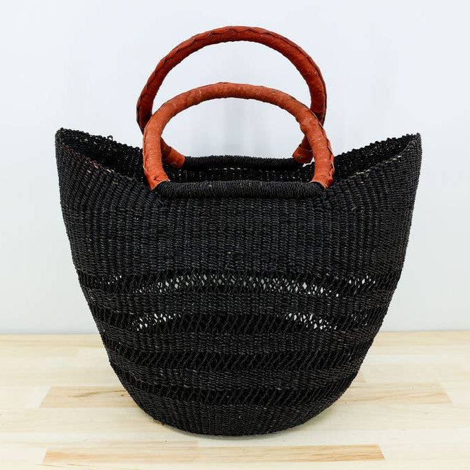 Artisan-made U-shopper basket in natural dyed vetiver grass in black.