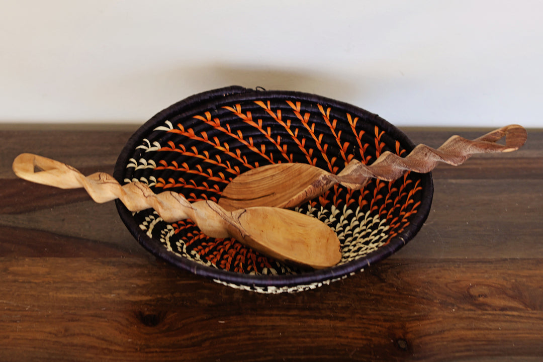 Fair trade Kenyan wooden salad serving spoons 12 inch length for kitchen and dining