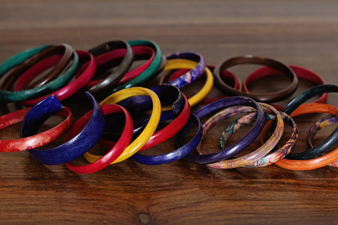 Fair trade colorful leather bracelets designed for stacking and everyday wear