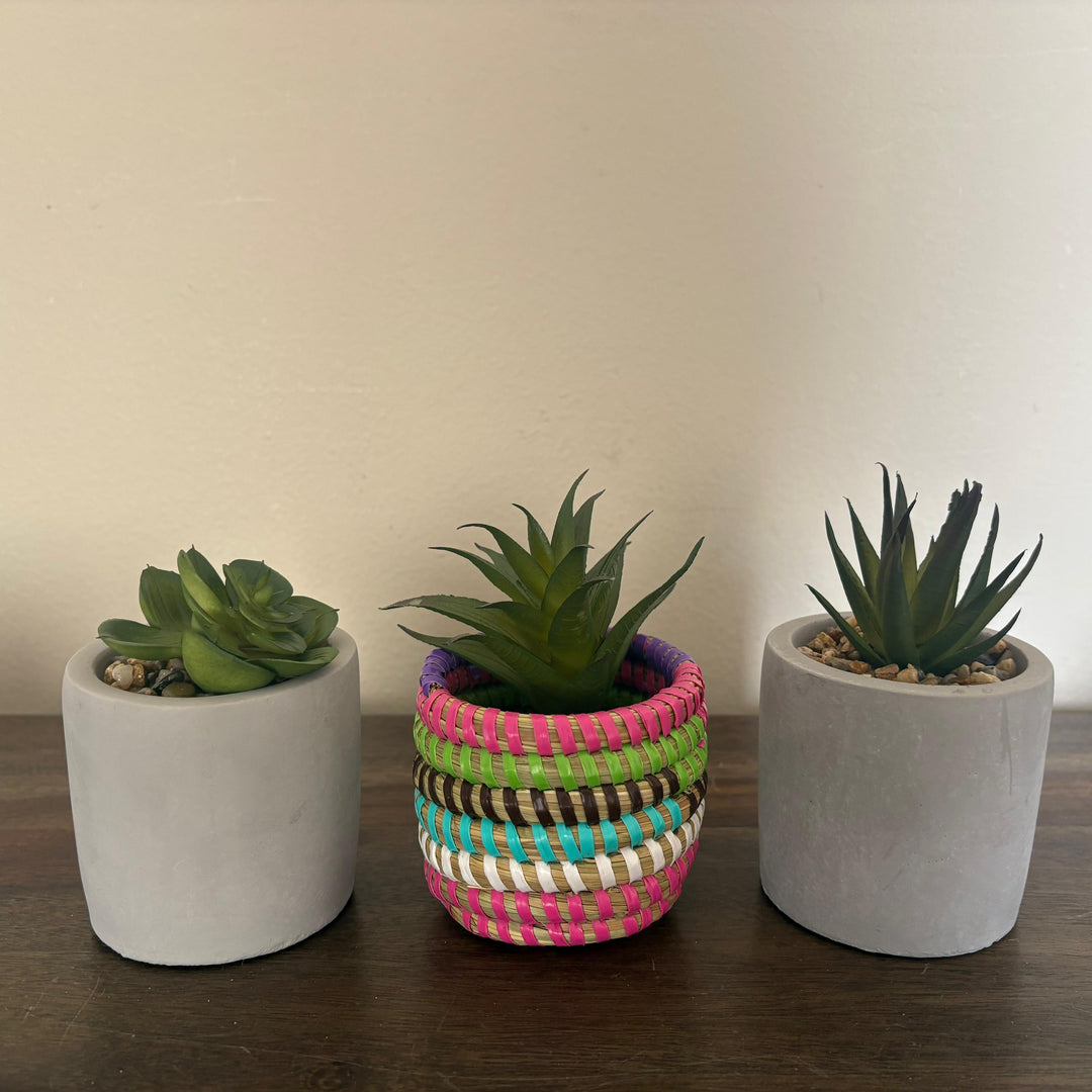 Fair trade mini sweetgrass baskets set handmade using natural fibers and recycled plastic