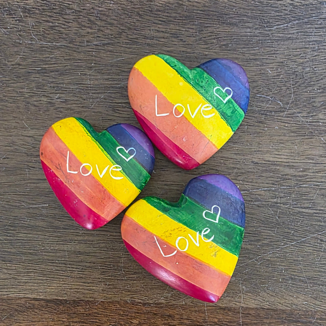 Fair trade rainbow LOVE hearts handmade by Kenyan artisans for meaningful gifting.