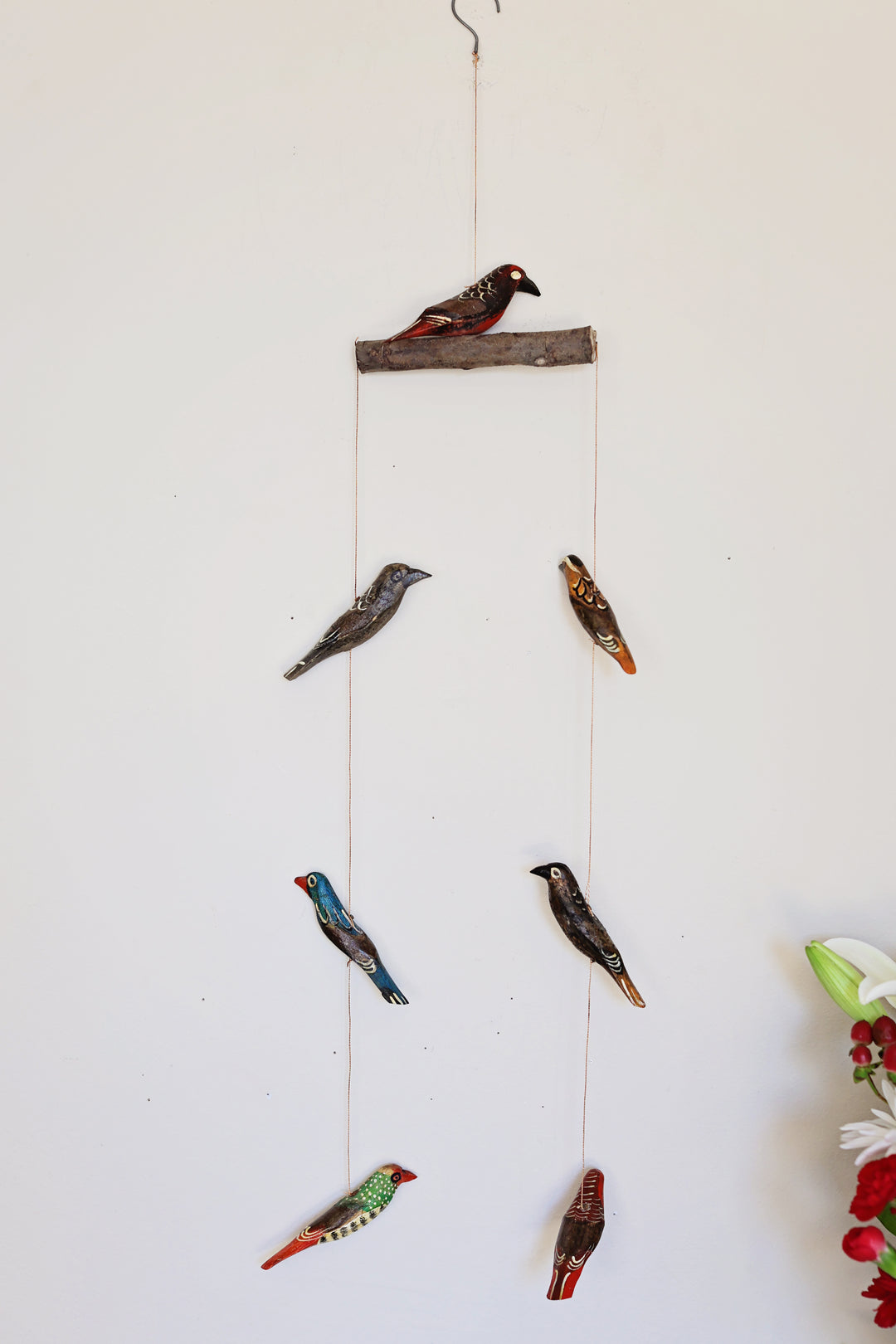 Fair trade wooden bird mobile with seven hand-carved birds handcrafted in Kenya