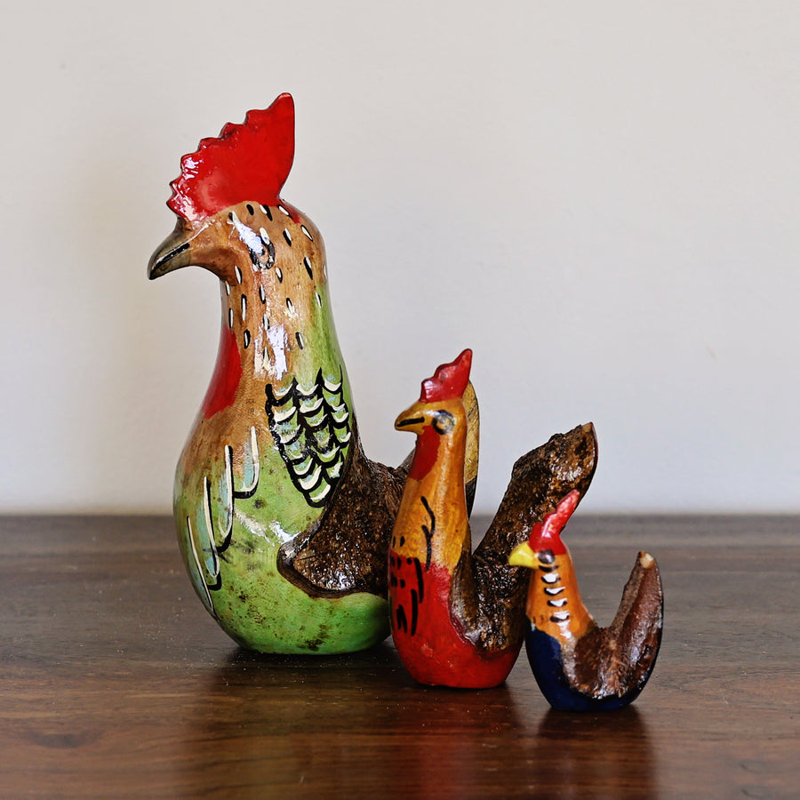 Fair trade wooden rooster hand carved and painted by artisans in Kenya.