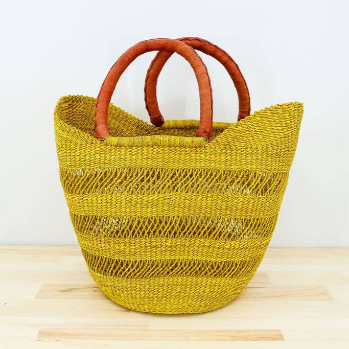 Open weave fair trade U-shopper tote with leather handle, handmade in Ghana