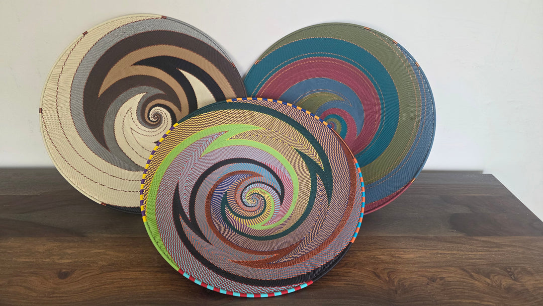 Fair trade Zulu wire decorative bowl with intricate geometric woven design.