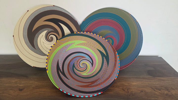 Fair trade Zulu wire decorative bowl with intricate geometric woven design.