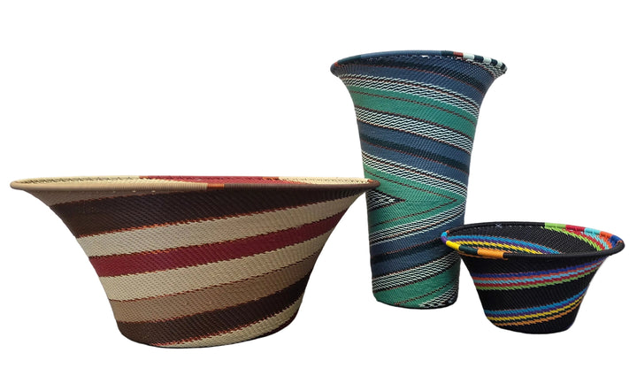 Colorful fair trade Zulu wire flared basket handmade by South African artisans