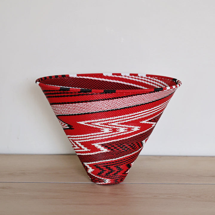 Fire & Ice Zulu wire basket handwoven in South Africa with bold red, white and black geometric patterns.