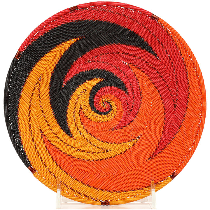 Handwoven Fire Red and Orange Zulu Wire Small Shallow Baskets from South Africa in a colorful and intricate artisan pattern.