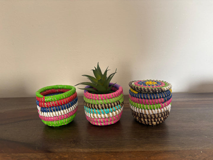 Flat lidded mini sweetgrass baskets set of six handwoven in Senegal
