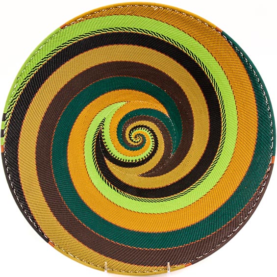 Handwoven Forest Zulu Wire Small Shallow Baskets from South Africa in a colorful and intricate artisan pattern.