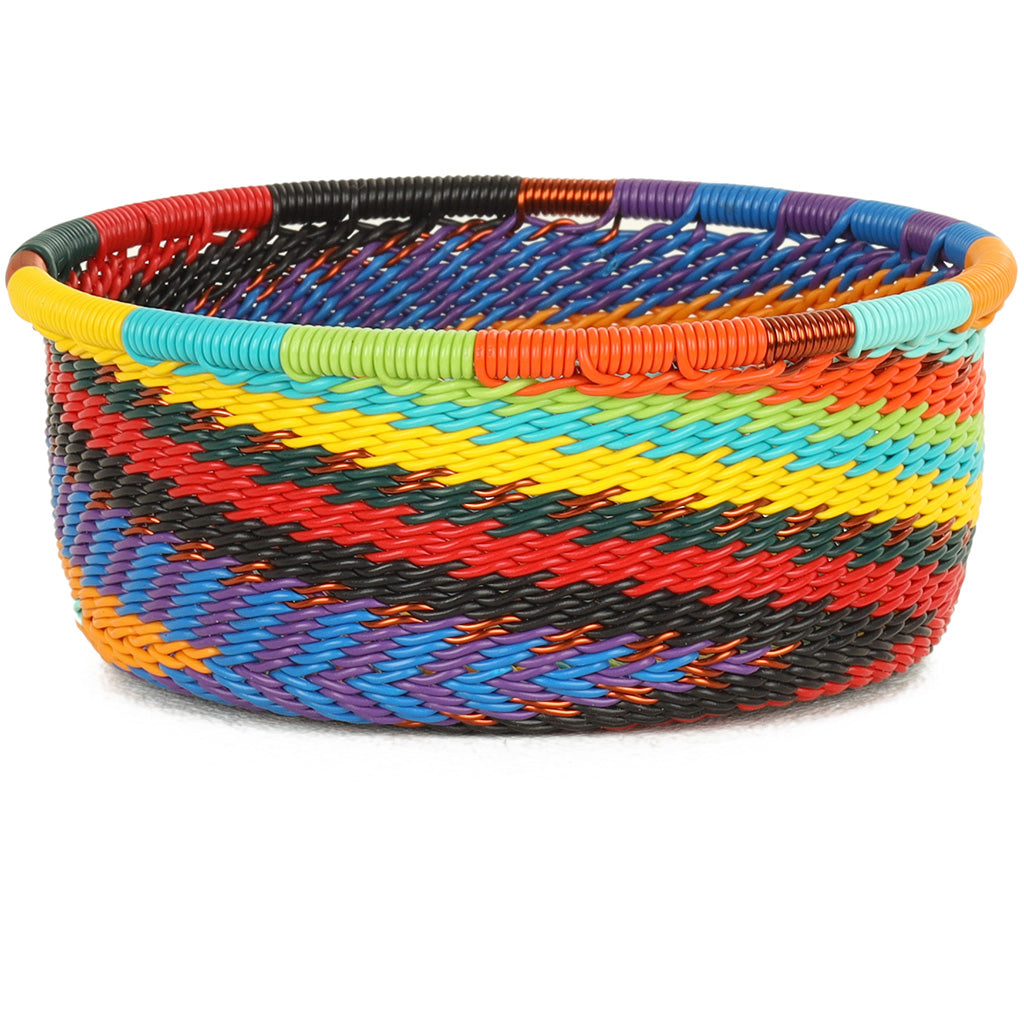 Handwoven Zulu Wire Tuna Cup Baskets in Full Rainbow  from South Africa in a variety of colorful and neutral artisan patterns.