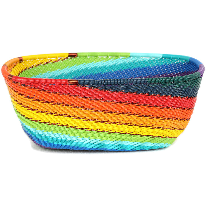 Handwoven Zulu Wire Square Bowl in Full Rainbow from South Africa in a variety of colorful and neutral artisan patterns.