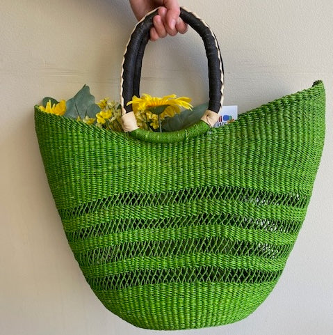 Fair-trade green open weave basket, perfect for markets and the beach, made in Africa.