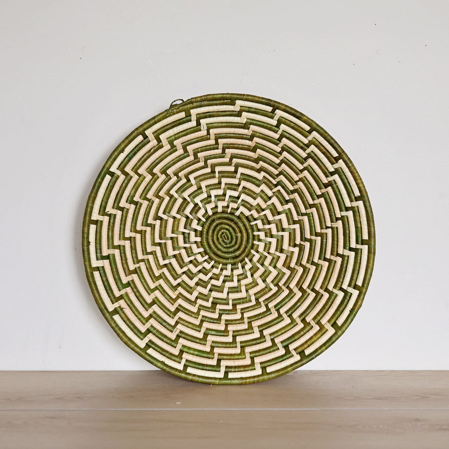 Handwoven Green & White Bukedo and Raffia bowl handmade in Uganda featuring fresh botanical colors for fair trade wall décor and home styling.