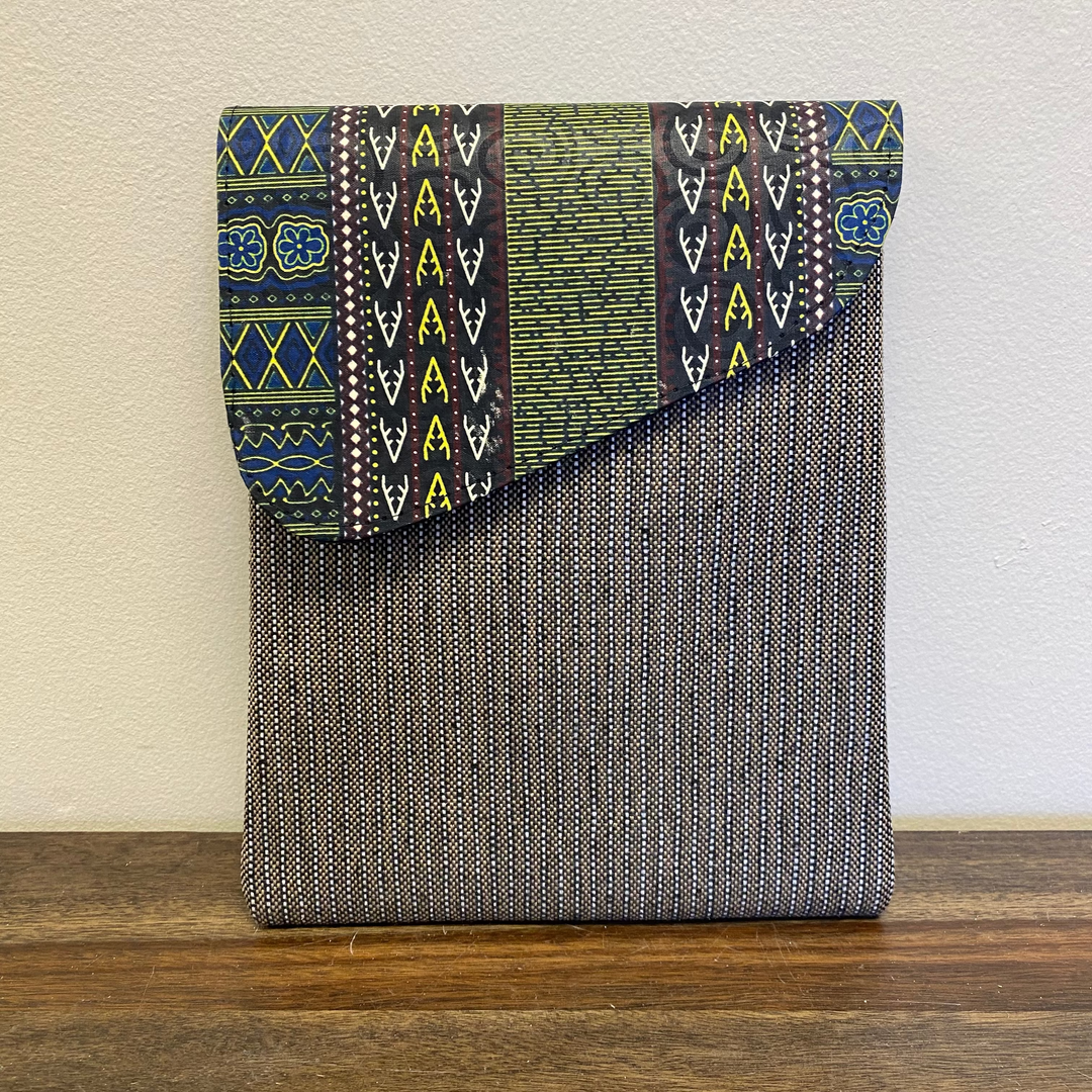 African printed crossbody bag with a grey base, unisex, and perfect for everyday.
