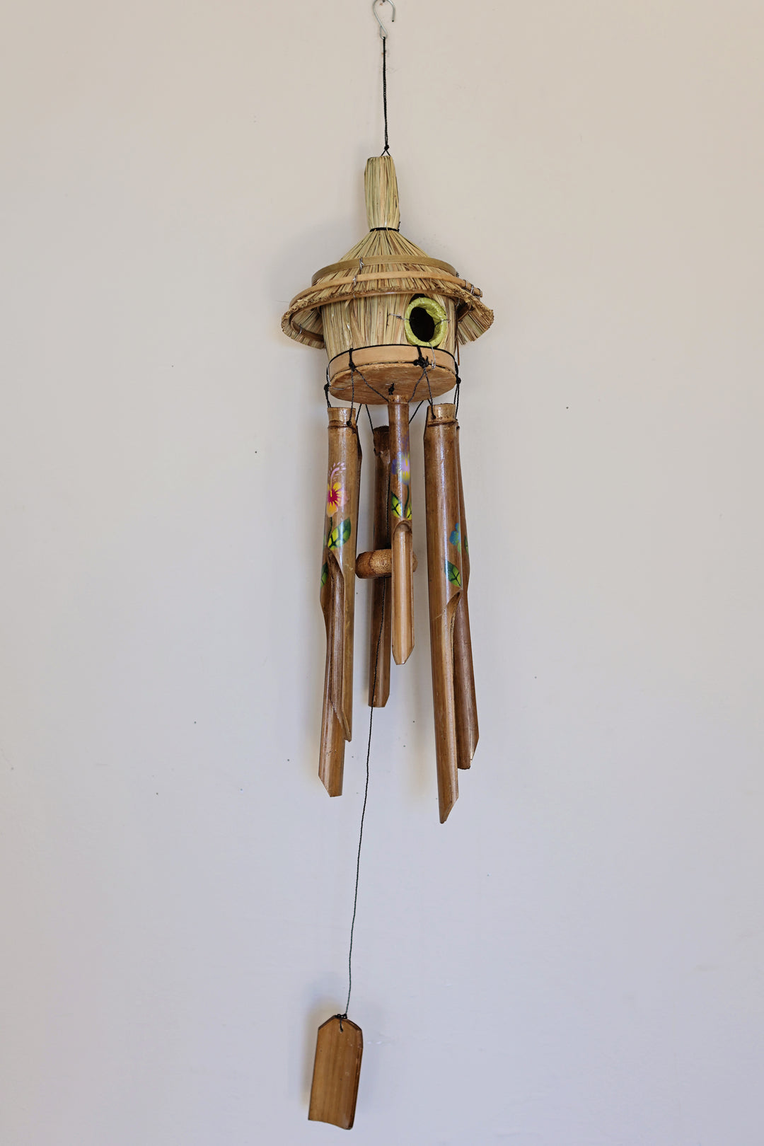Hand painted bamboo wind chime with floral design fair trade outdoor decor