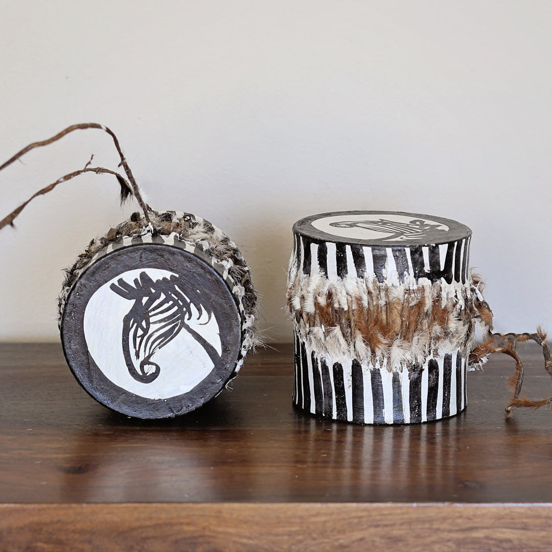 Handcrafted double sided African drum made in Kenya with wood and goat skin, hand-painted Zebra head on top.