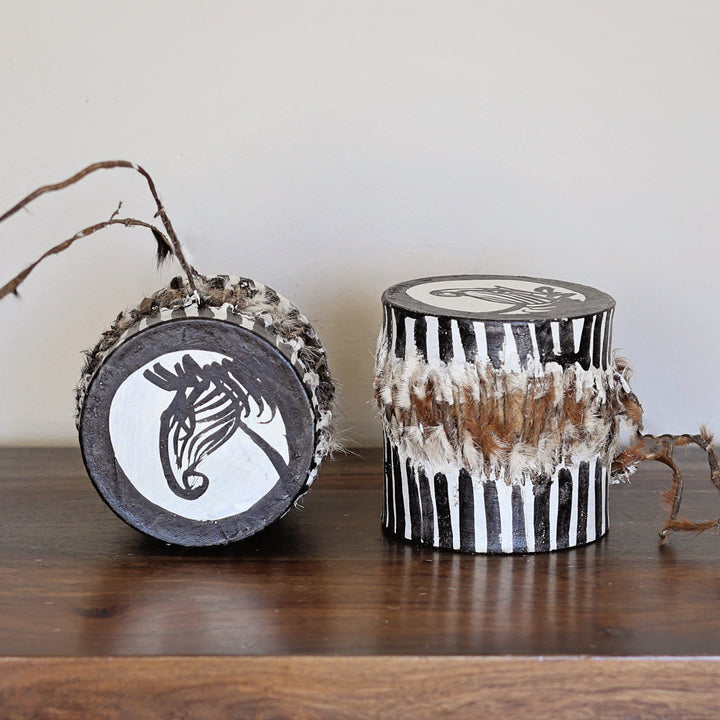 Handcrafted double sided African drum made in Kenya with wood and goat skin, hand-painted Zebra head on top.