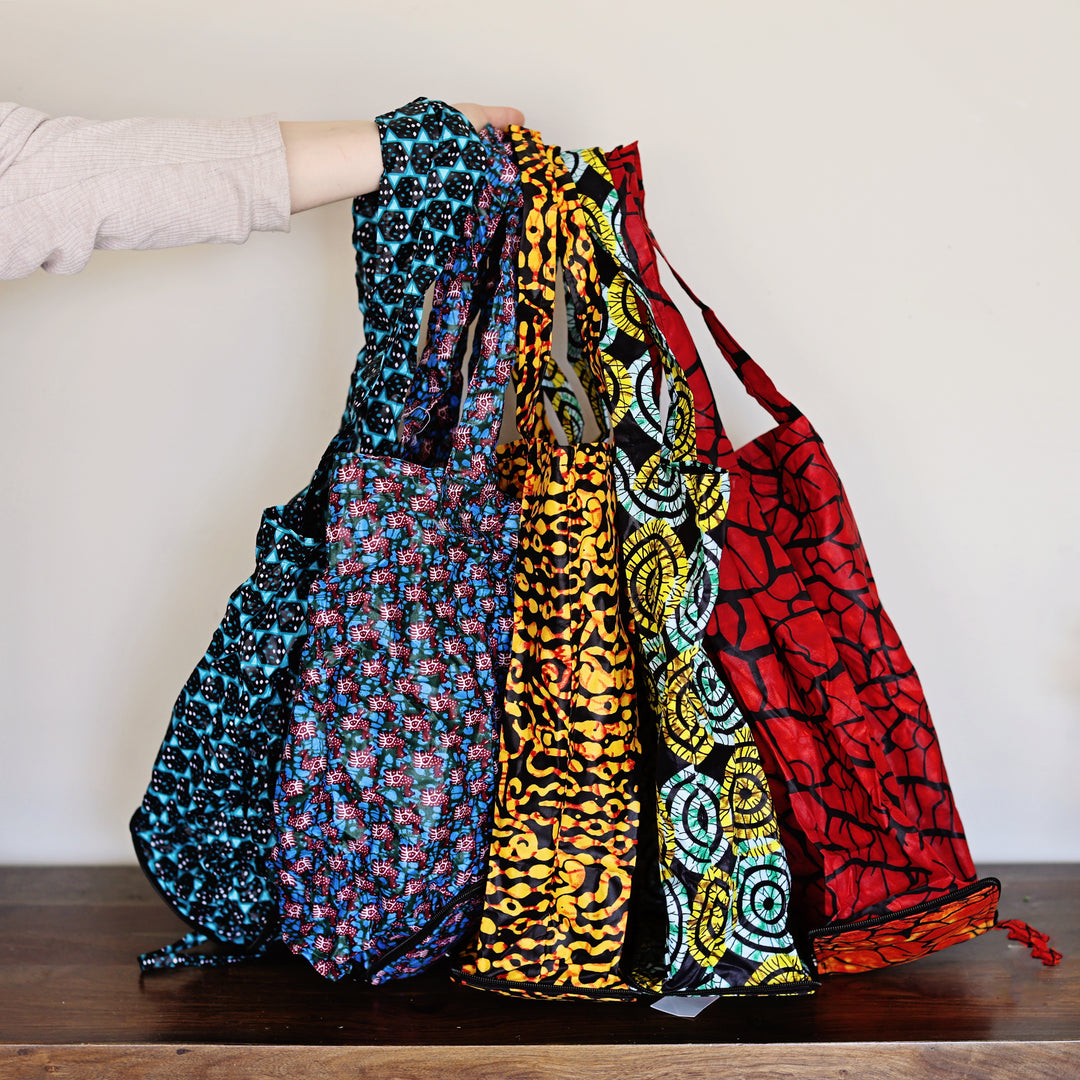 Handmade Chitenge fabric shopping tote bags with zipper top closure.