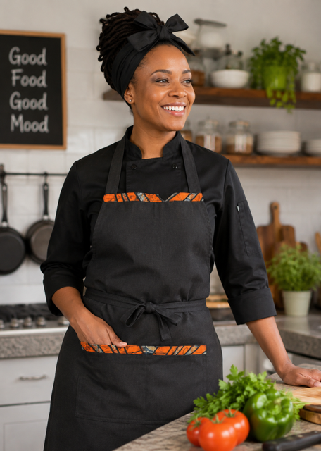 Handmade Kenyan apron featuring a black cotton base with colorful African print detailing.
