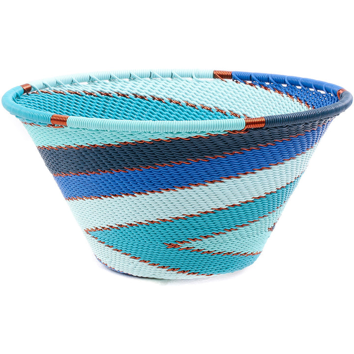 Handwoven Ocean Zulu small funnel wire basket from South Africa in turquoise, aqua, blue, navy and white.