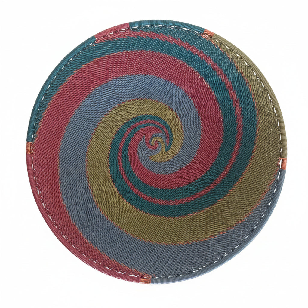 Handwoven Turaco Zulu Wire Small Shallow Baskets from South Africa in a colorful and intricate artisan pattern.