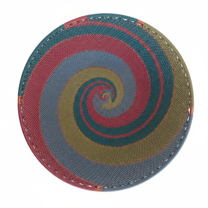 Handwoven Turaco Zulu Wire Small Shallow Baskets from South Africa in a colorful and intricate artisan pattern.