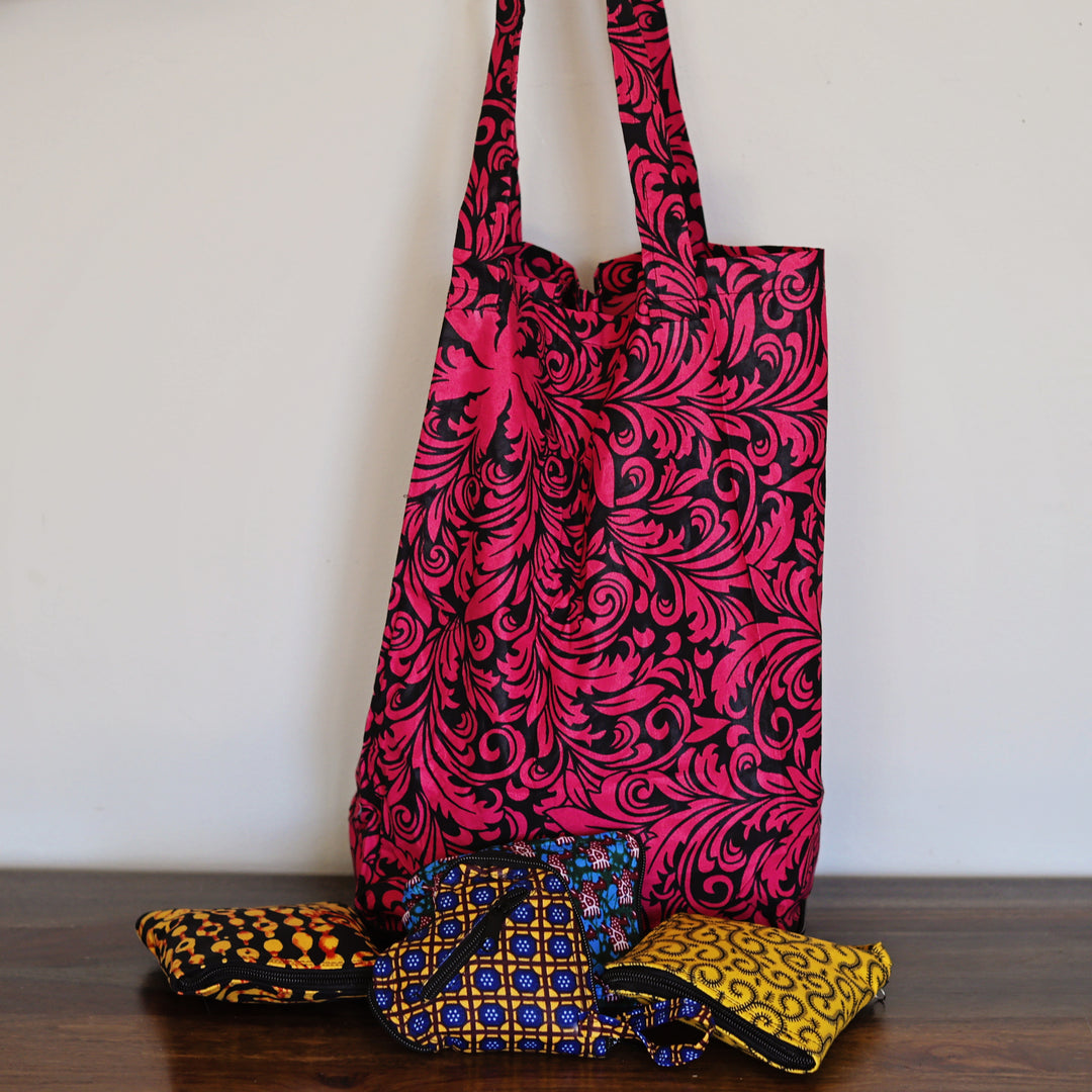 Pink and black Chitenge fabric tote bag flat bottom, reusable grocery bag.